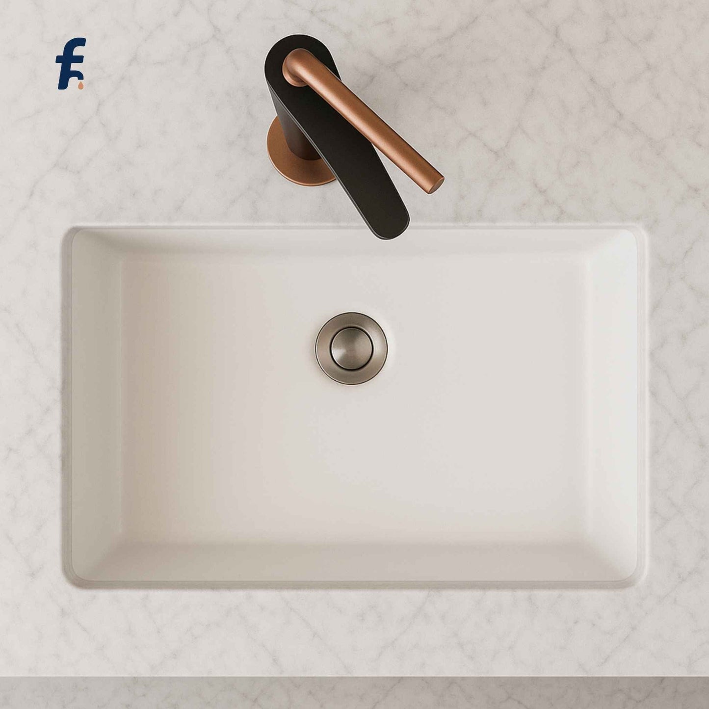 Designer black and copper faucet installed on white Italian marble vanity
