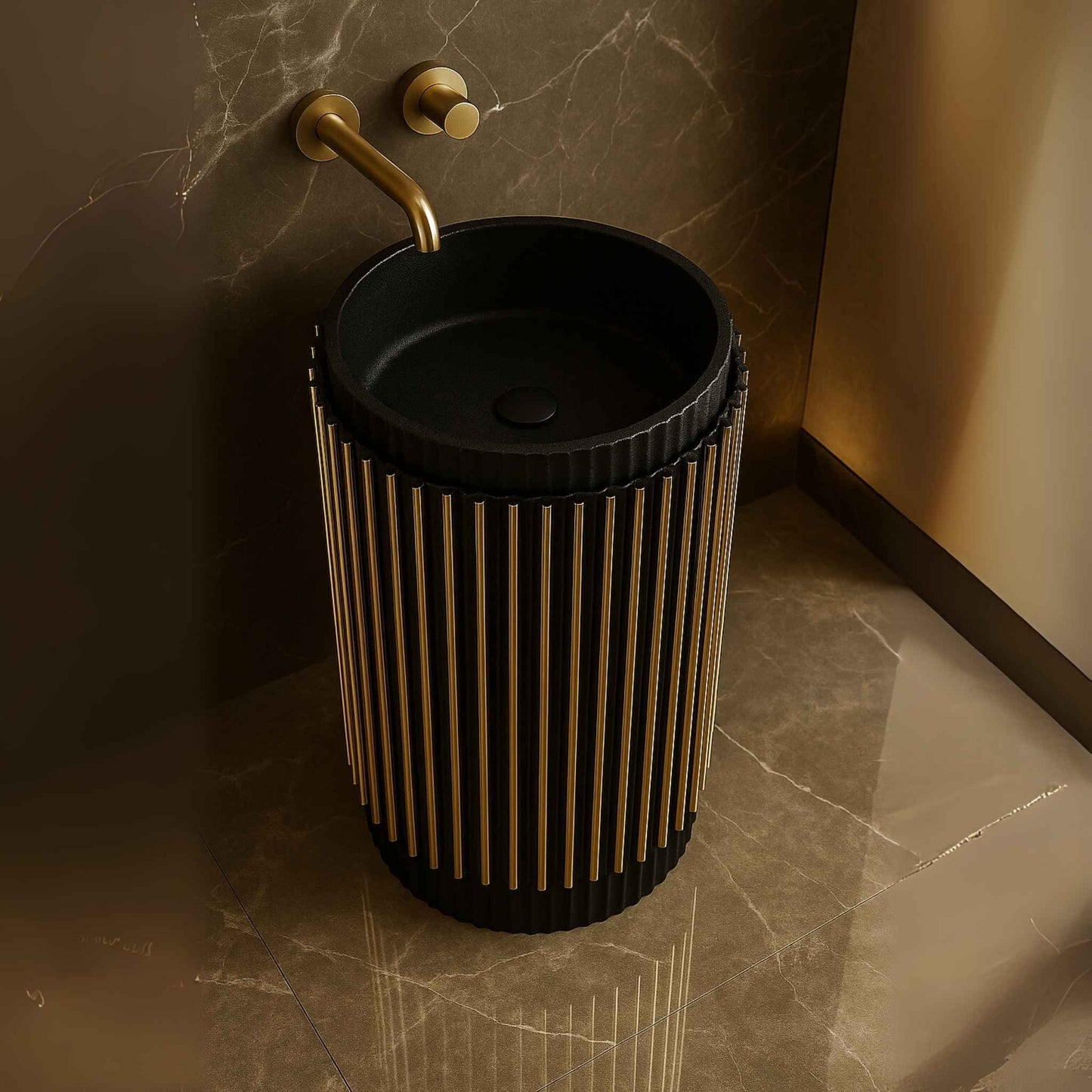 Top angle of fluted gold luxury washbasin with matte black interior