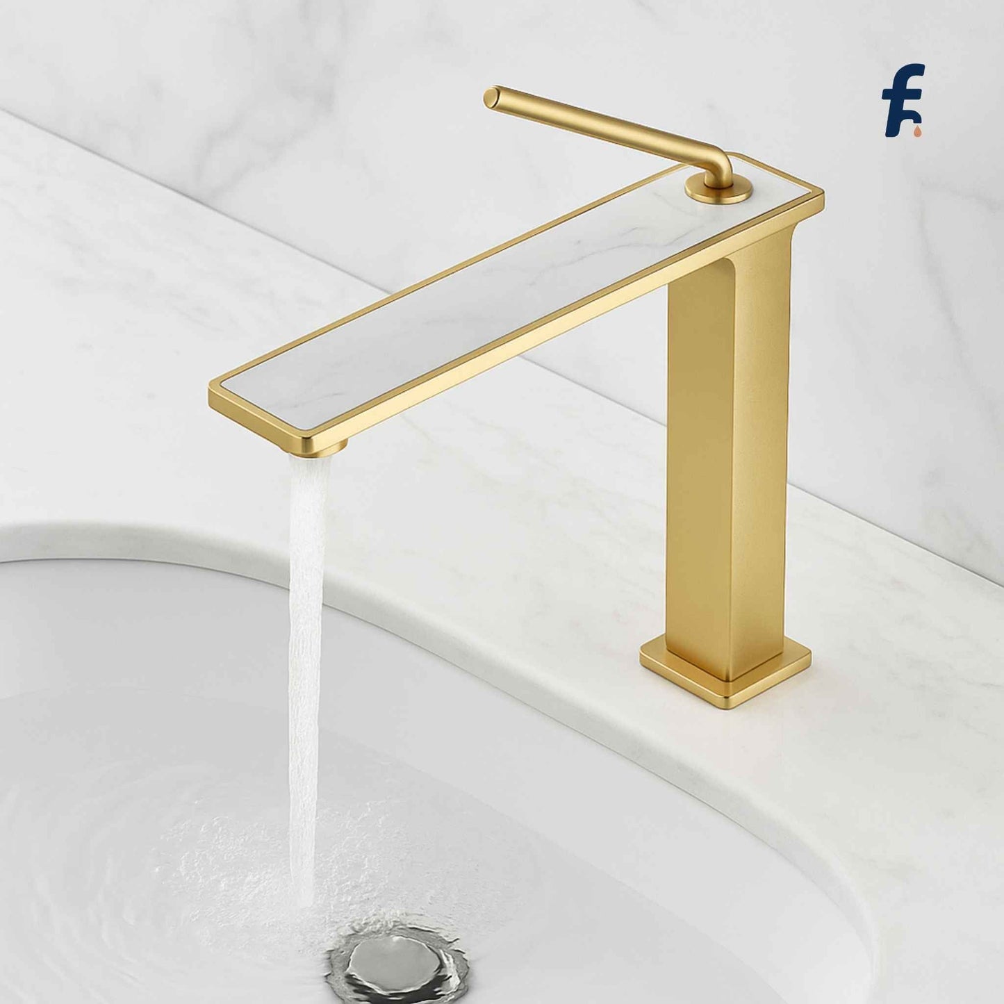 Gold faucet with water flowing into a sink on a white background, Close-up of gold and white marble designer basin mixer.