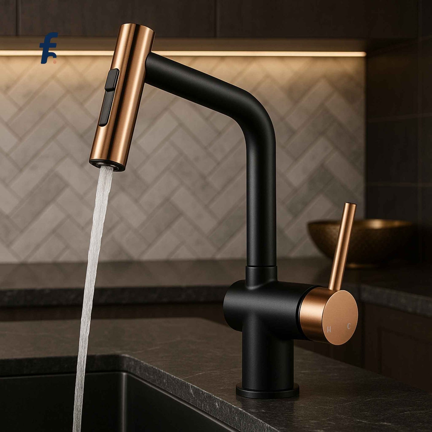 Close-up image showing the elegant design of the black and rose gold pull-out kitchen faucet from the front angle