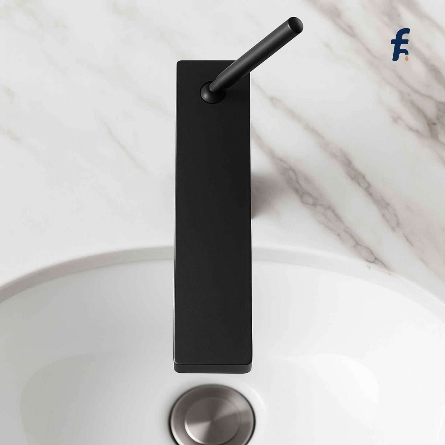 Black faucet on a white marble background, Designer matte black vanity faucet for premium bathroom fittings and contemporary interiors.