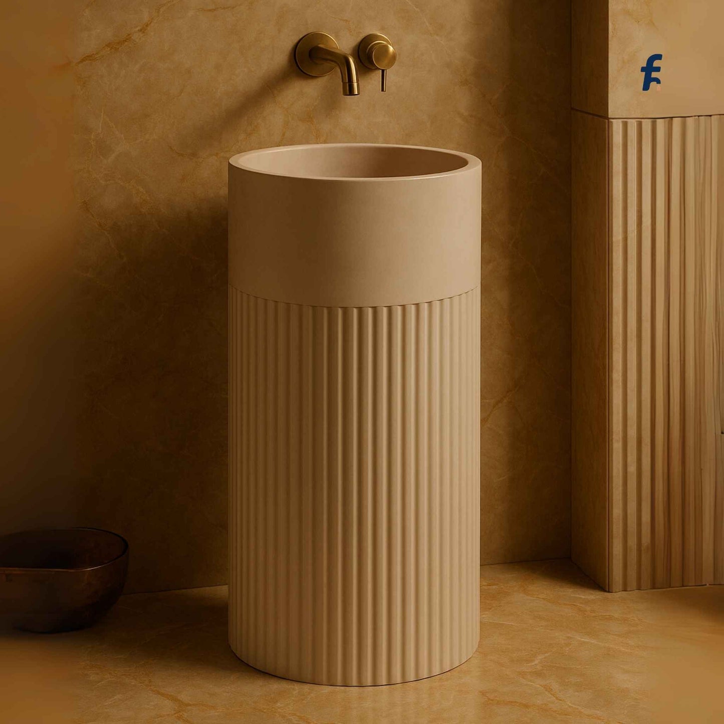 Beige freestanding sink with gold faucet in a bathroom setting