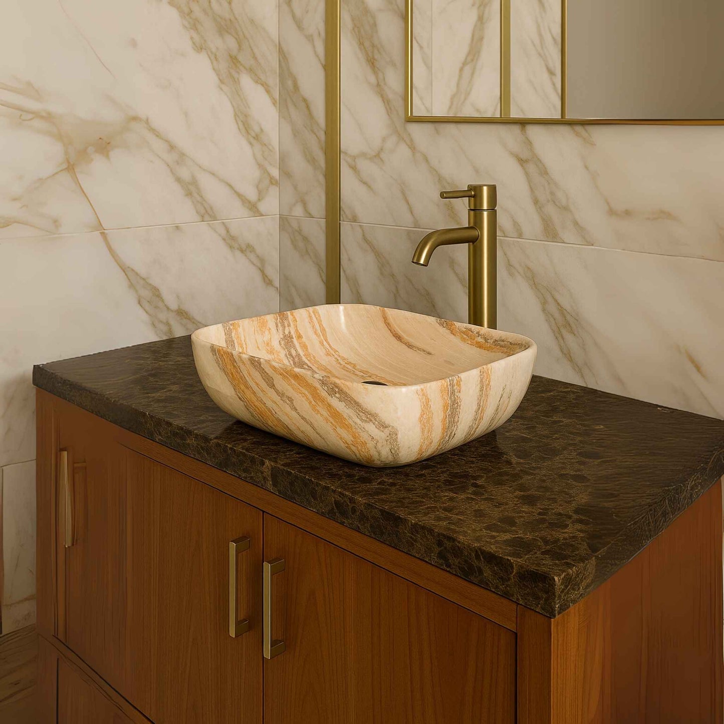Side angle of designer marble look bathroom sink on vanity counter with ceramic finish