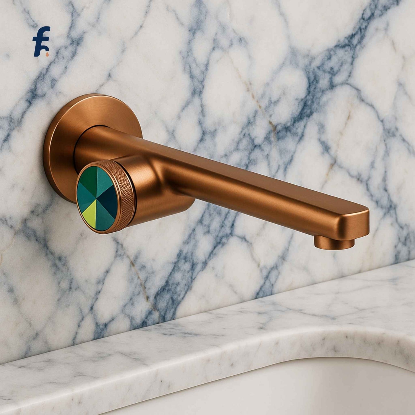 Bronze faucet with green accent on a marble wall, Luxury brass bathroom faucet in rose gold finish