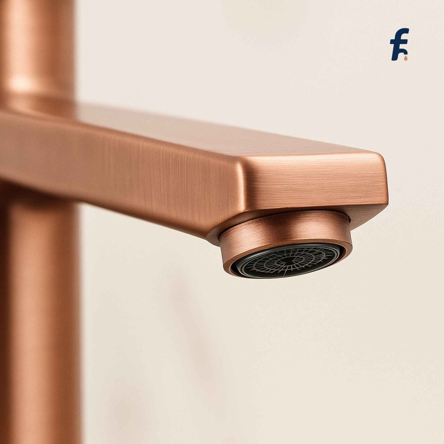 Rose gold bathroom faucet close-up nozzle view