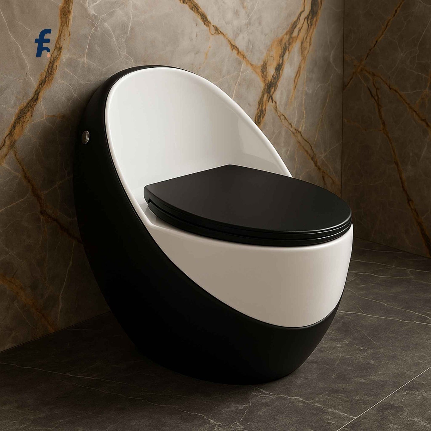 Modern black and white toilet against a marble wall