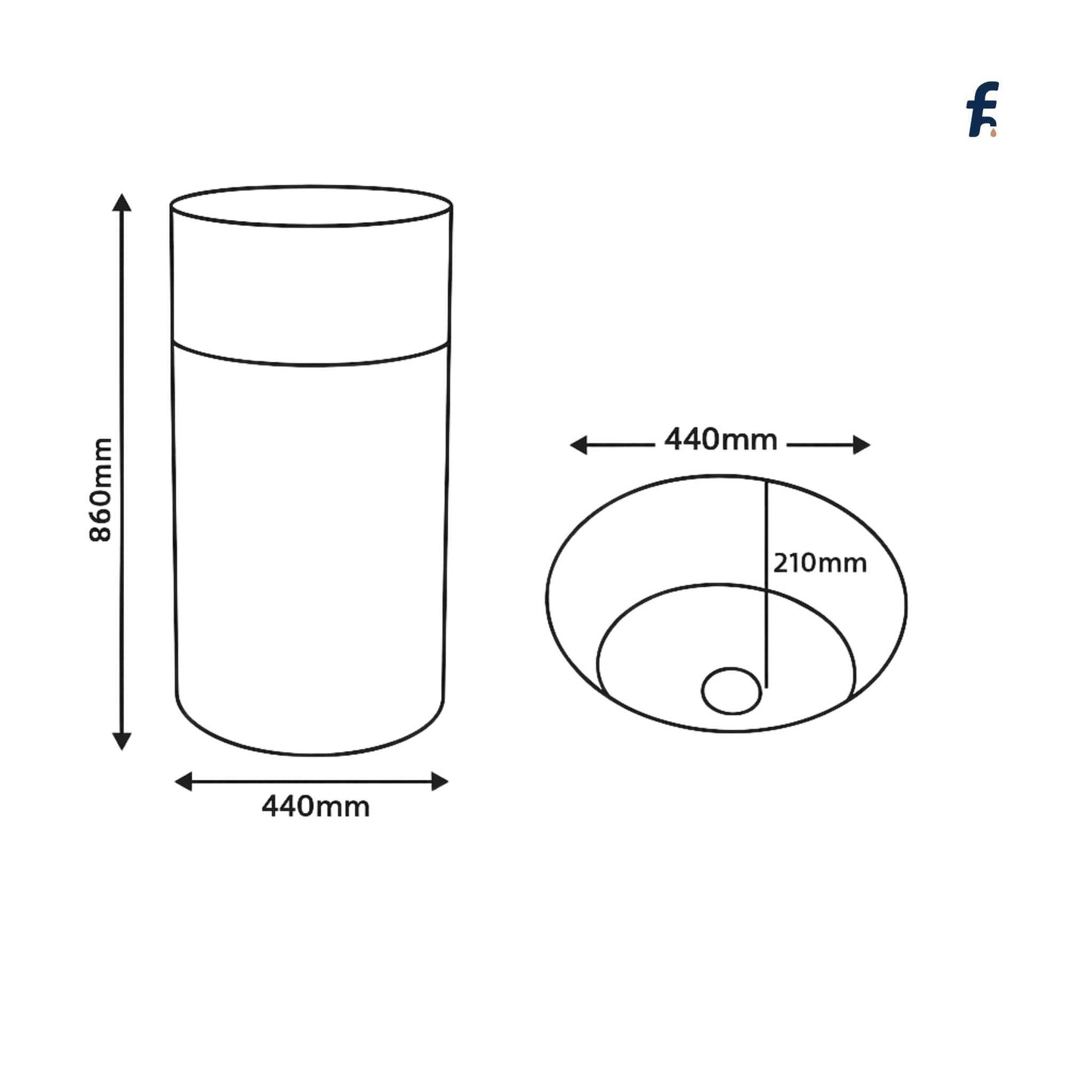 Technical drawing of a cylindrical object with dimensions labeled
