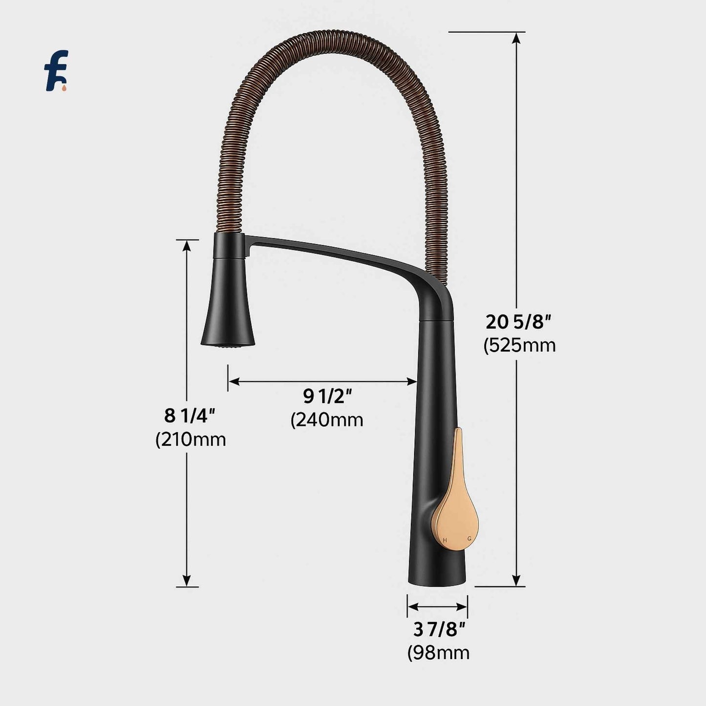 Black kitchen faucet with measurements on a white background