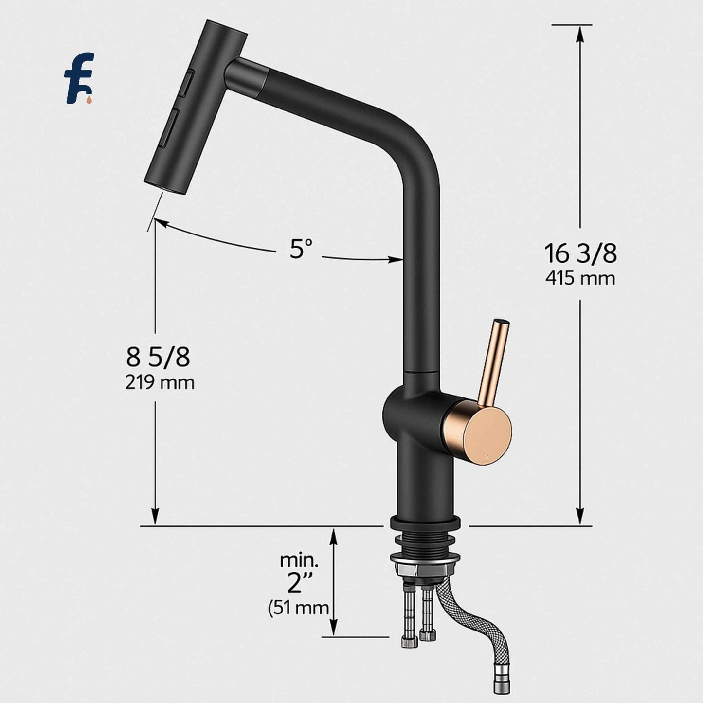 Technical drawing with accurate dimensions of matte black and rose gold pull-out kitchen faucet (415mm height)