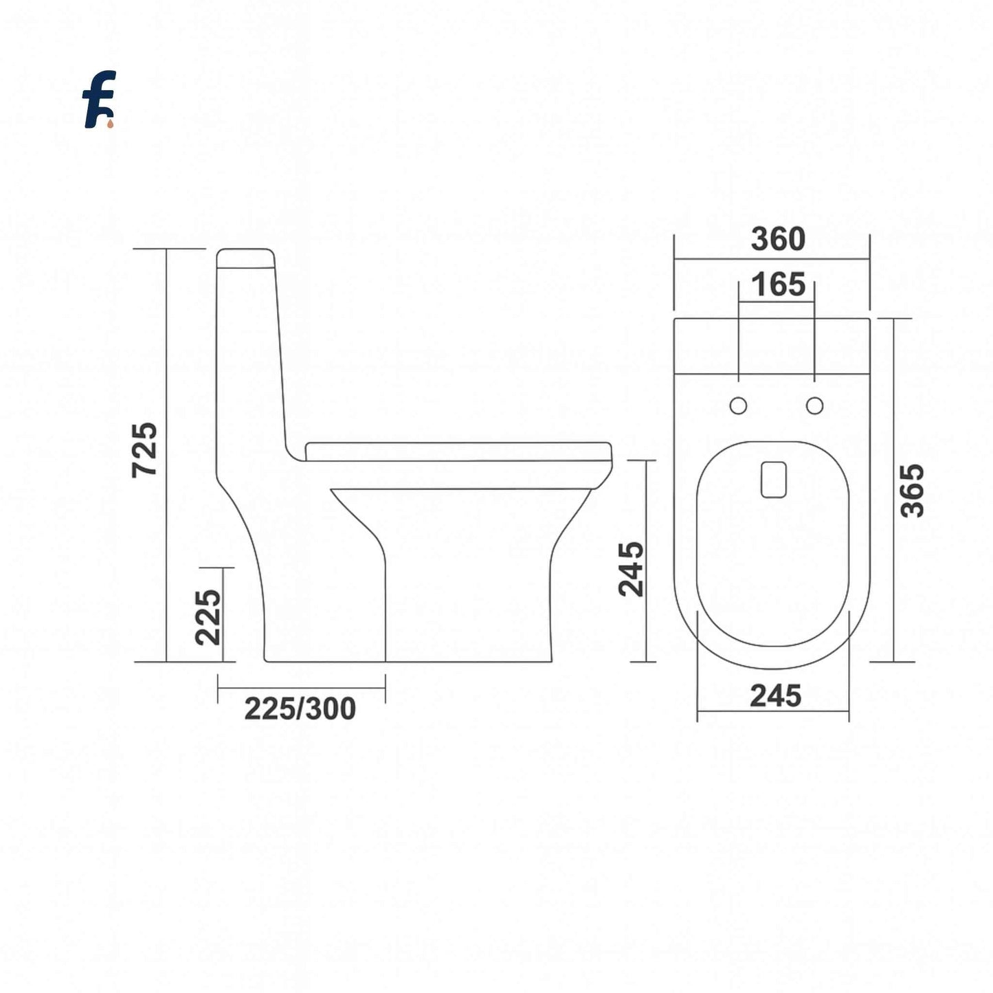 Technical drawing of one-piece WC with dimensions 665x360x725mm and S-trap options
