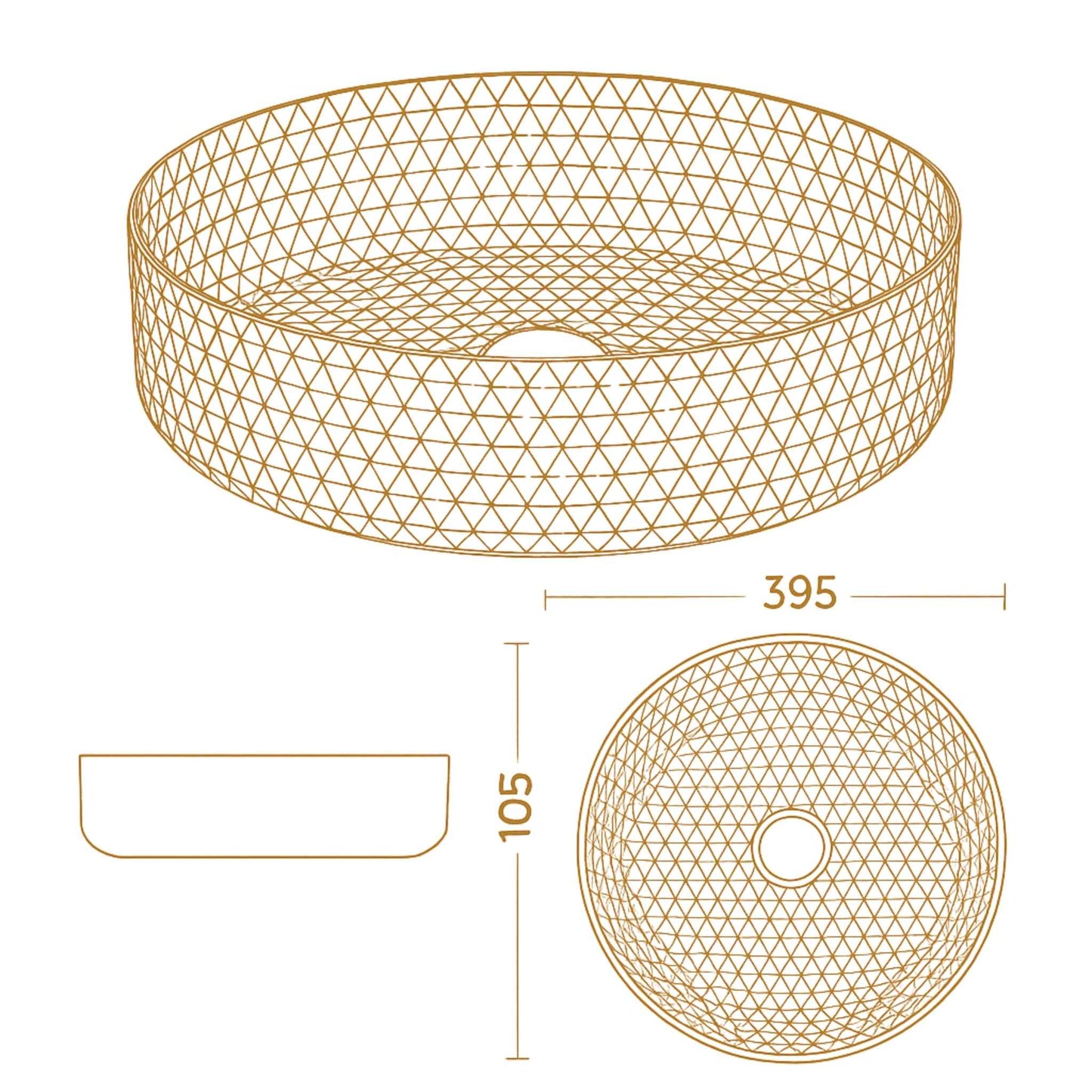 Technical dimension sketch of round golden glass bathroom wash basin