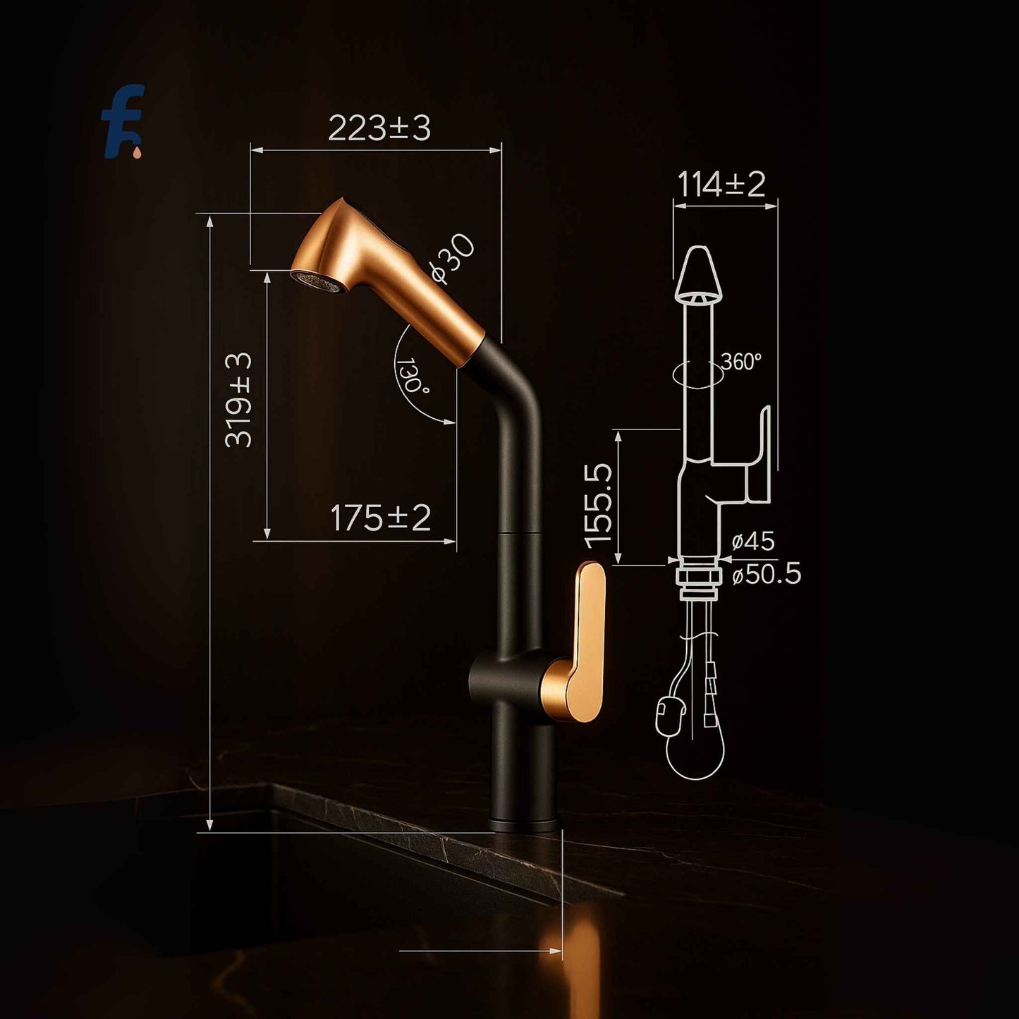 Black and gold kitchen faucet with measurement details on a dark background
