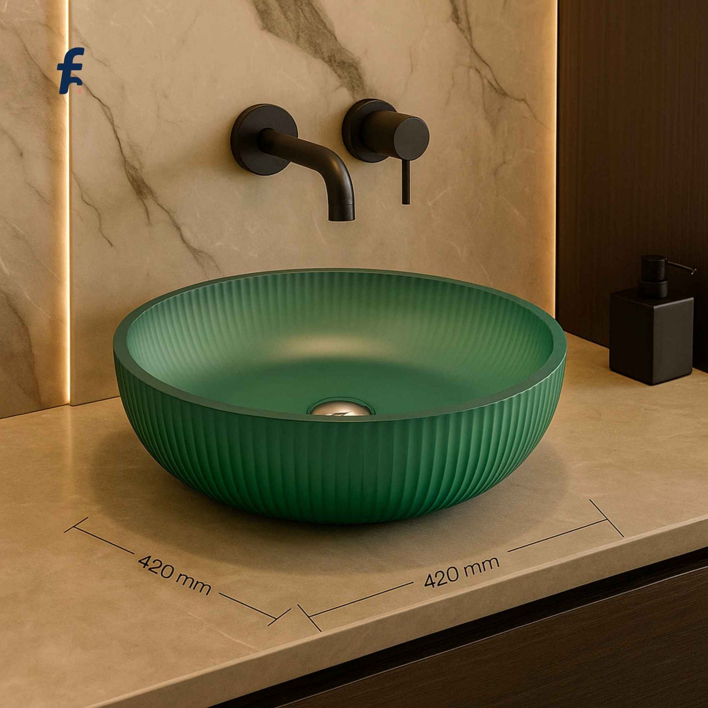 Front view of emerald green ribbed glass wash basin in luxury bathroom setting