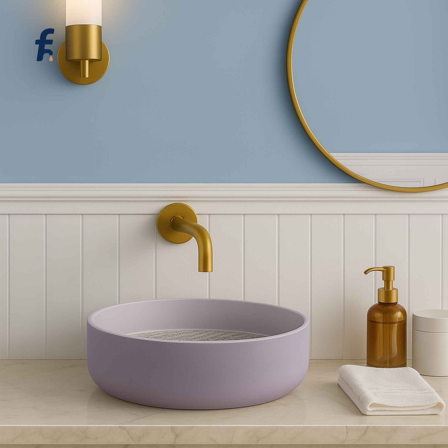 Entry perspective of washroom with lavender round glass basin and gold wall-mounted faucet – modern luxury interior