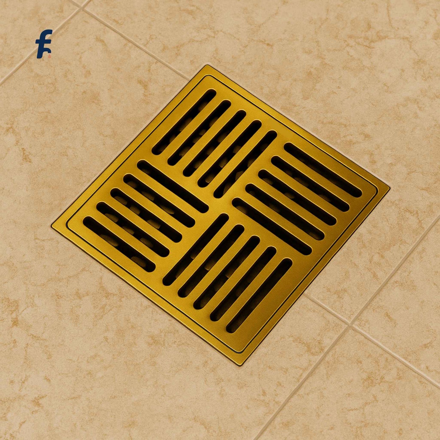 Yellow metal drain cover on a beige tiled floor