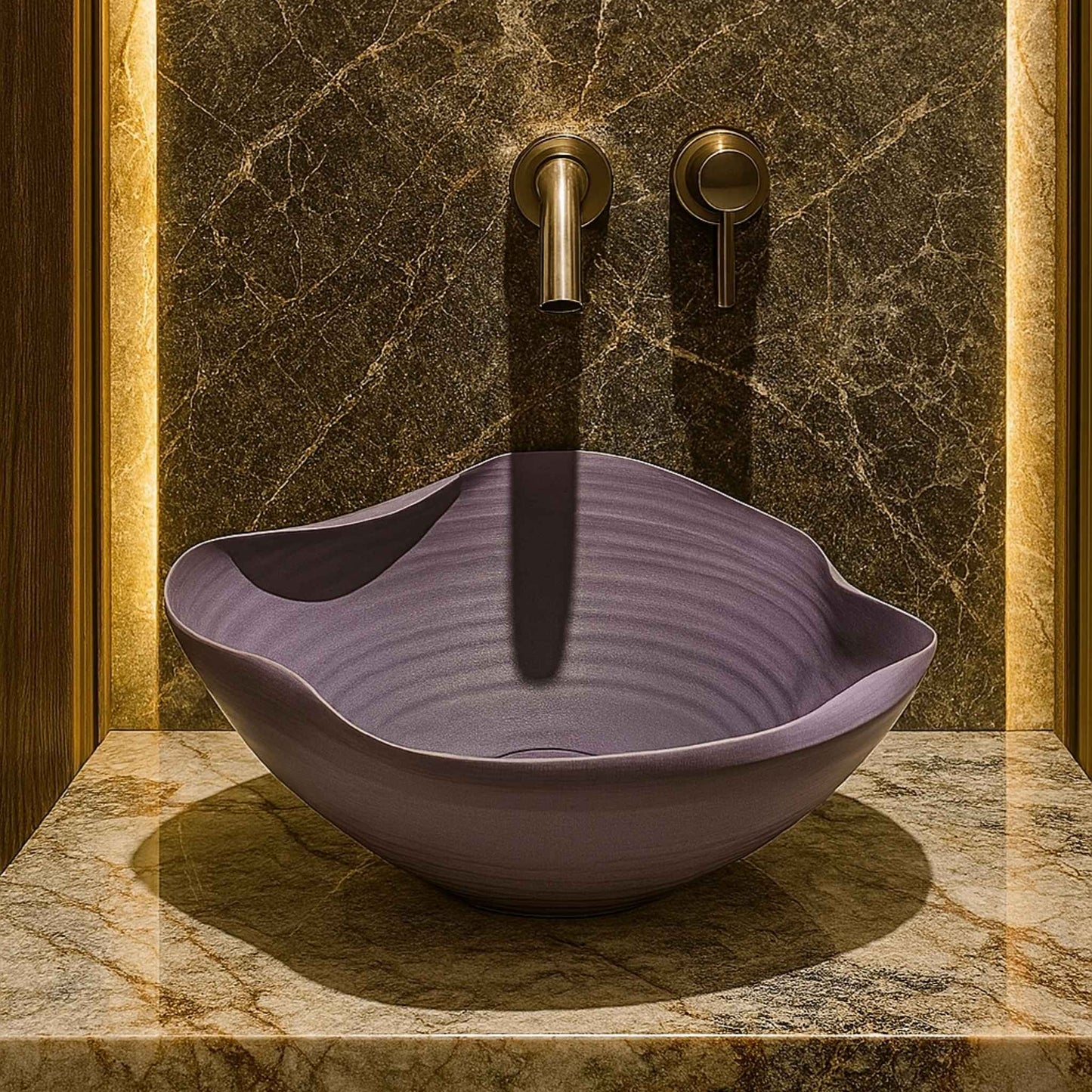 Front angle view of designer purple washbasin bowl on marble vanity