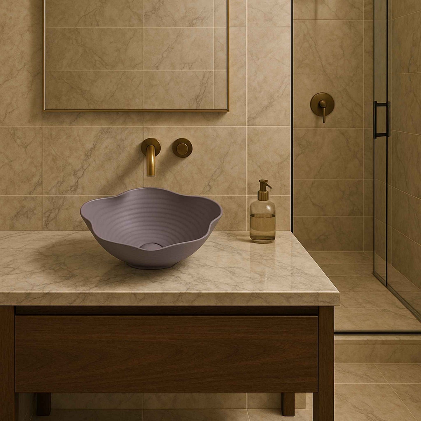 Bathroom vanity with a purple sink, gold faucet, and soap dispenser.