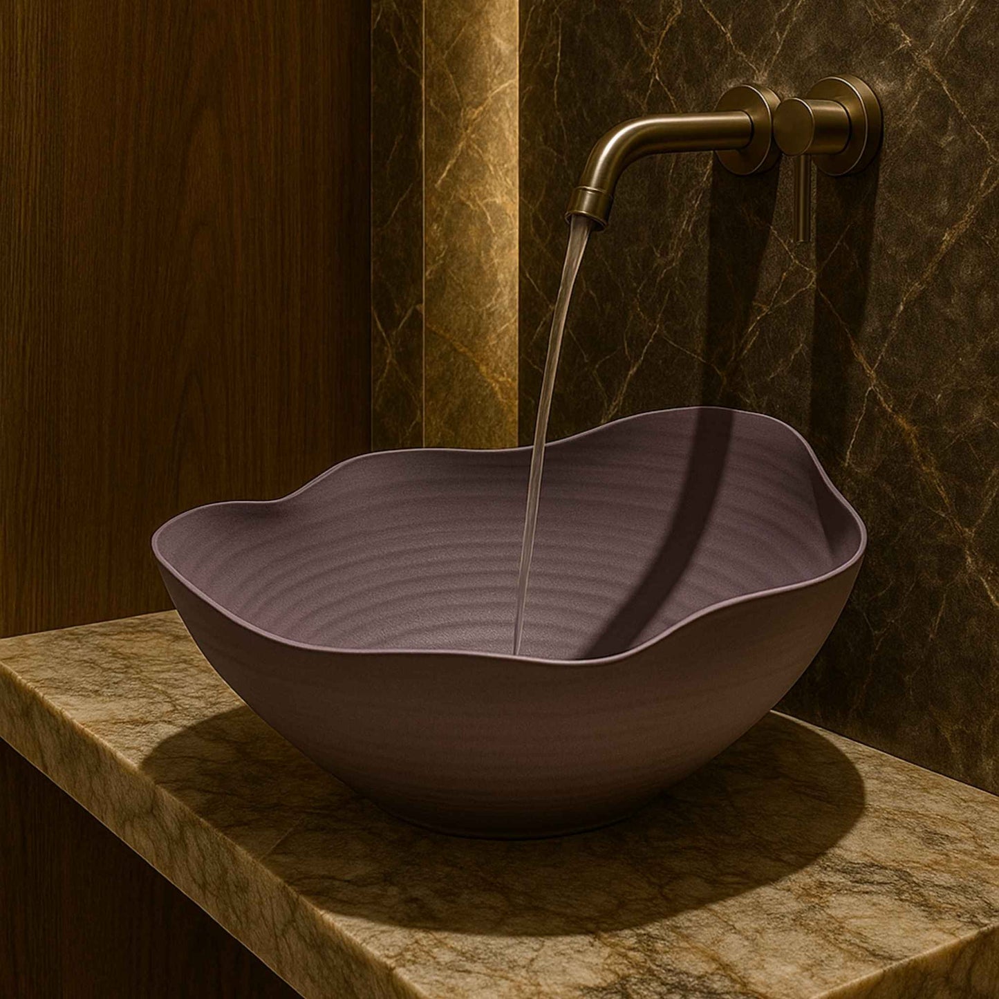 Side view of lavender designer washbasin with wall-mounted faucet