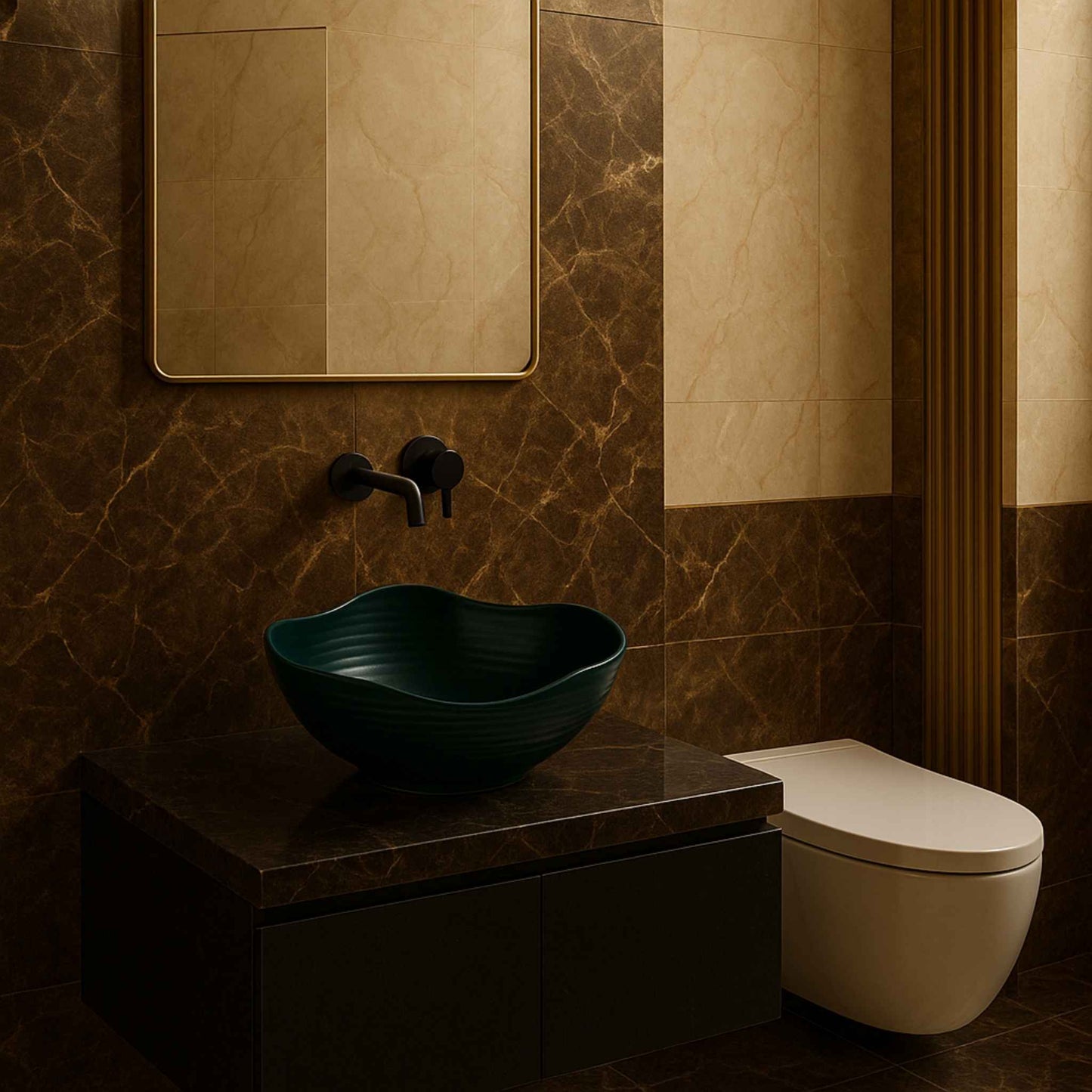 Bathroom with a dark green sink and beige toilet against a marble wall.