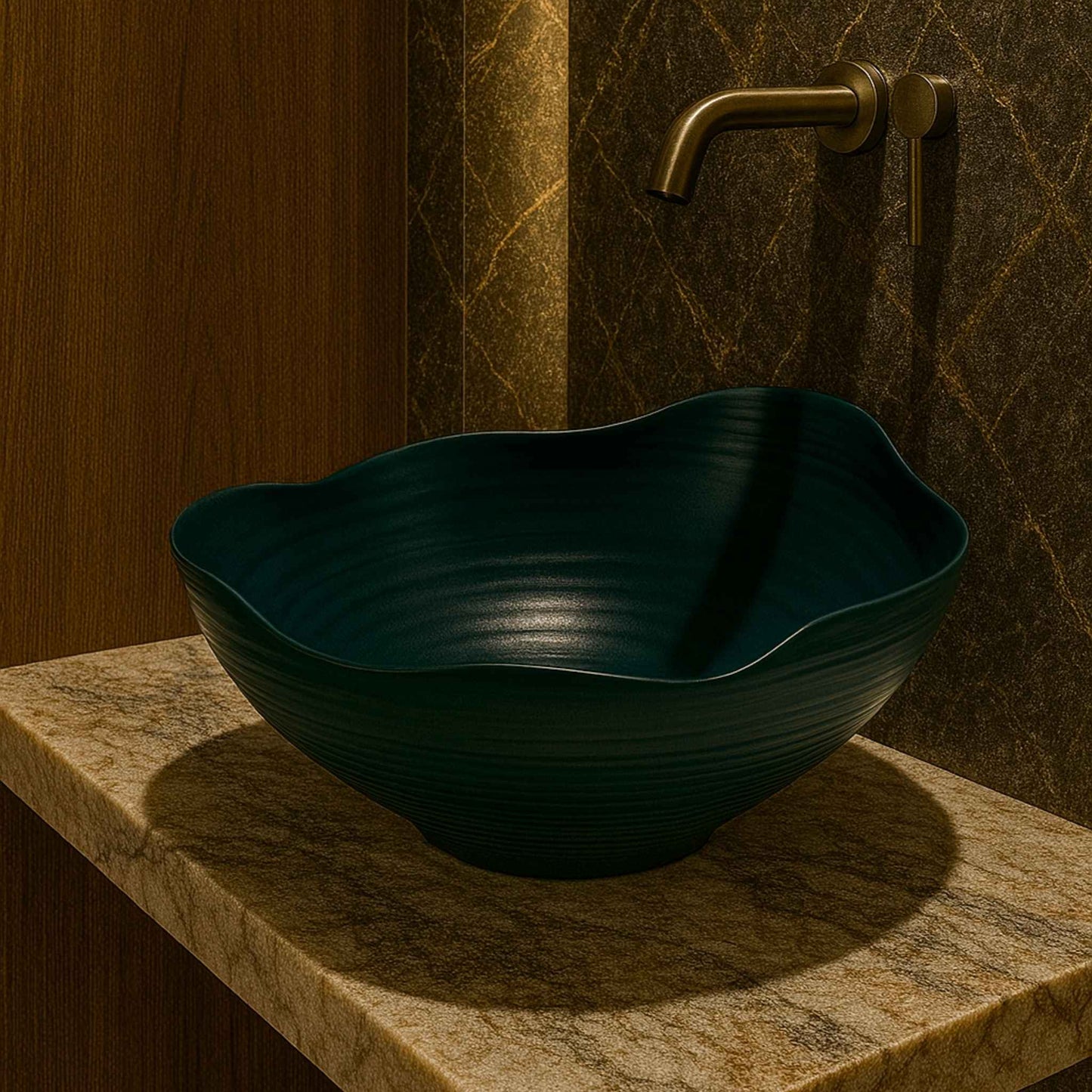 Side angle of luxury emerald green ceramic basin on marble
