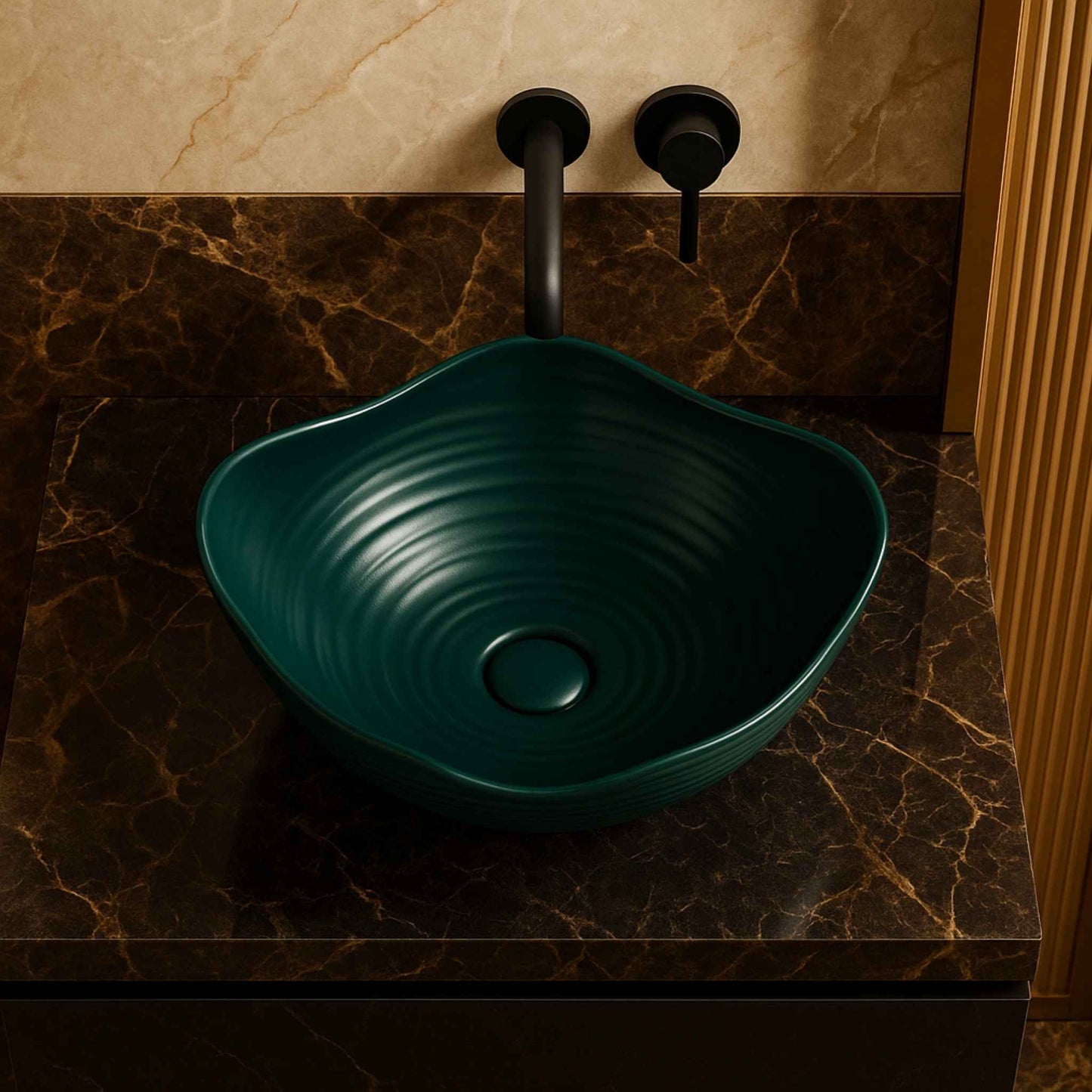 Green ceramic sink on a marble countertop with black fixtures.