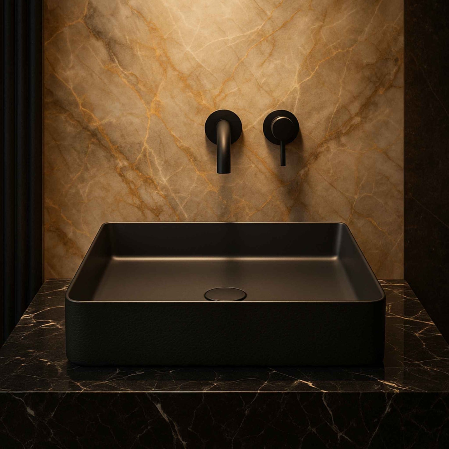 Black rectangular sink with black faucet against a marble wall.
