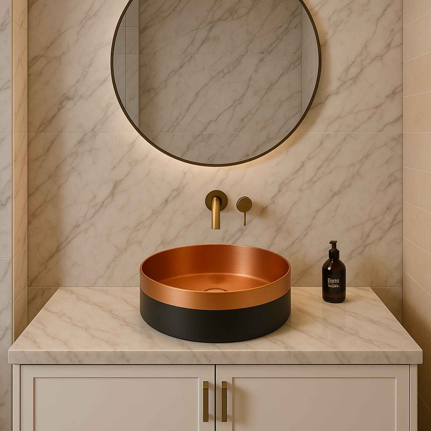 Bathroom vanity with a round copper sink, mirror, and soap dispenser.