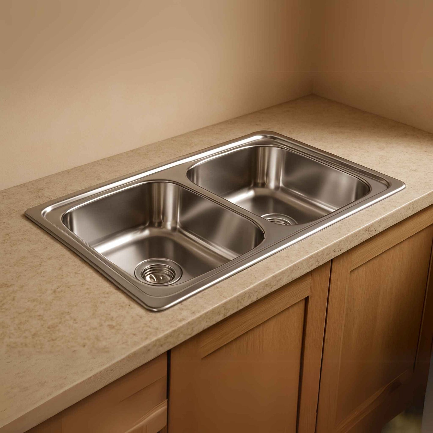 Double bowl stainless steel sink installed in beige countertop for functional kitchen design