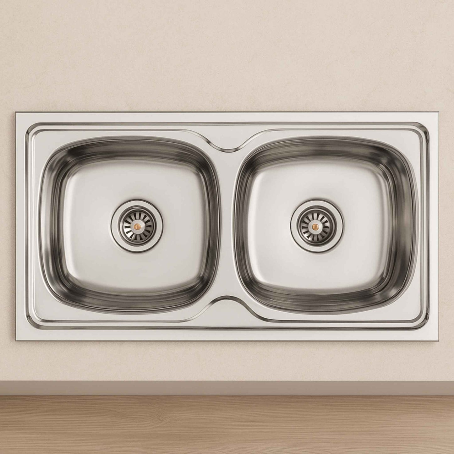Top view of Essential Series dual-bowl kitchen sink with centered drains