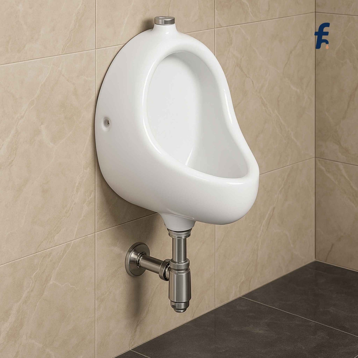 White urinal mounted on a beige tiled wall