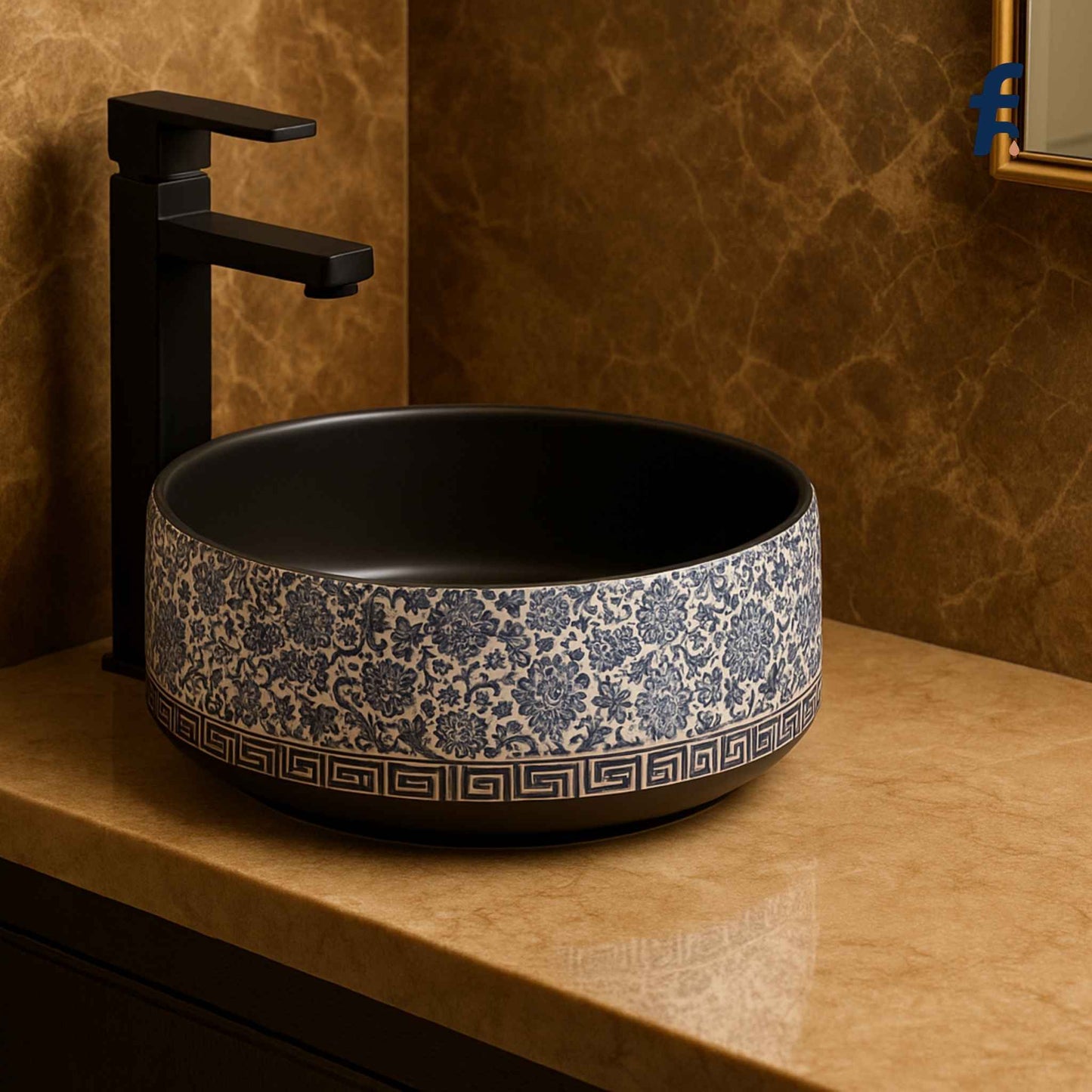 Designer round ceramic wash basin with Greek key border and matte black finish viewed from side
