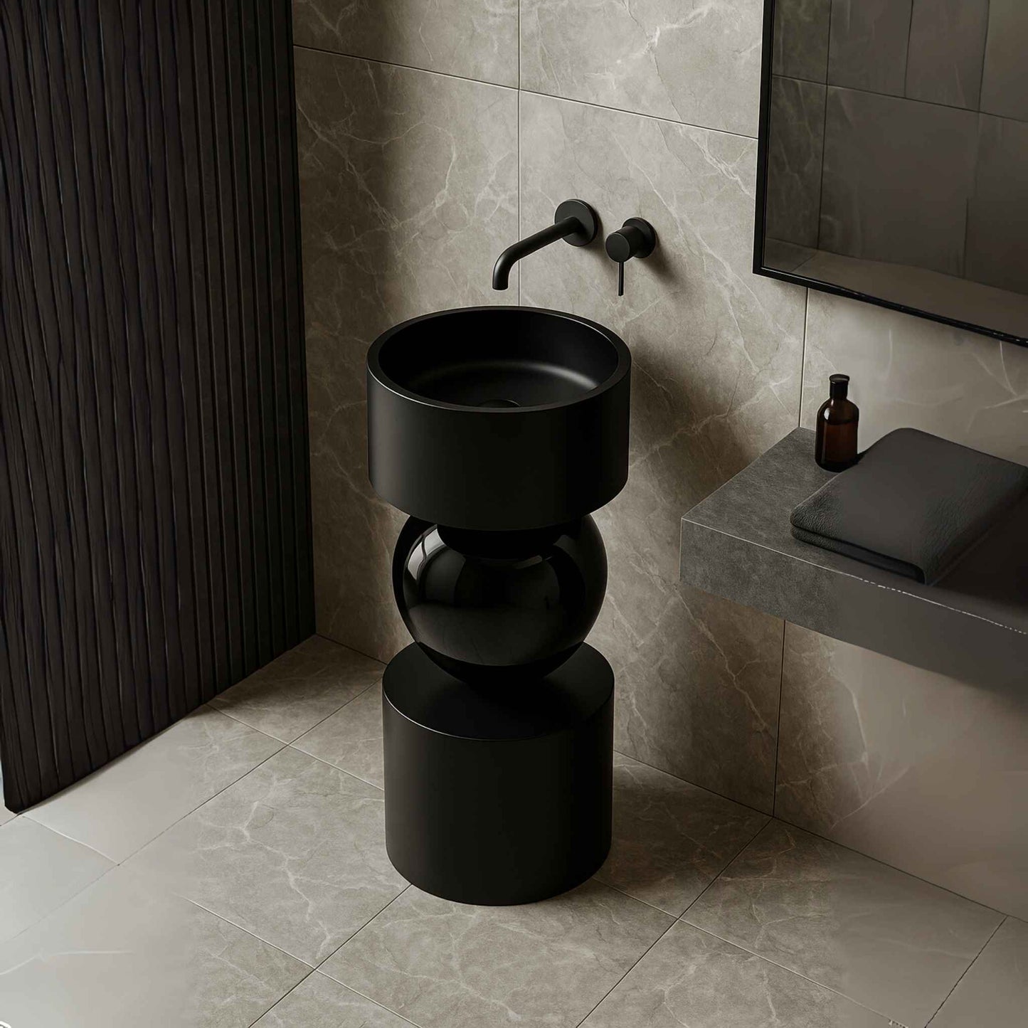 Top angle view of cylindrical black wash basin