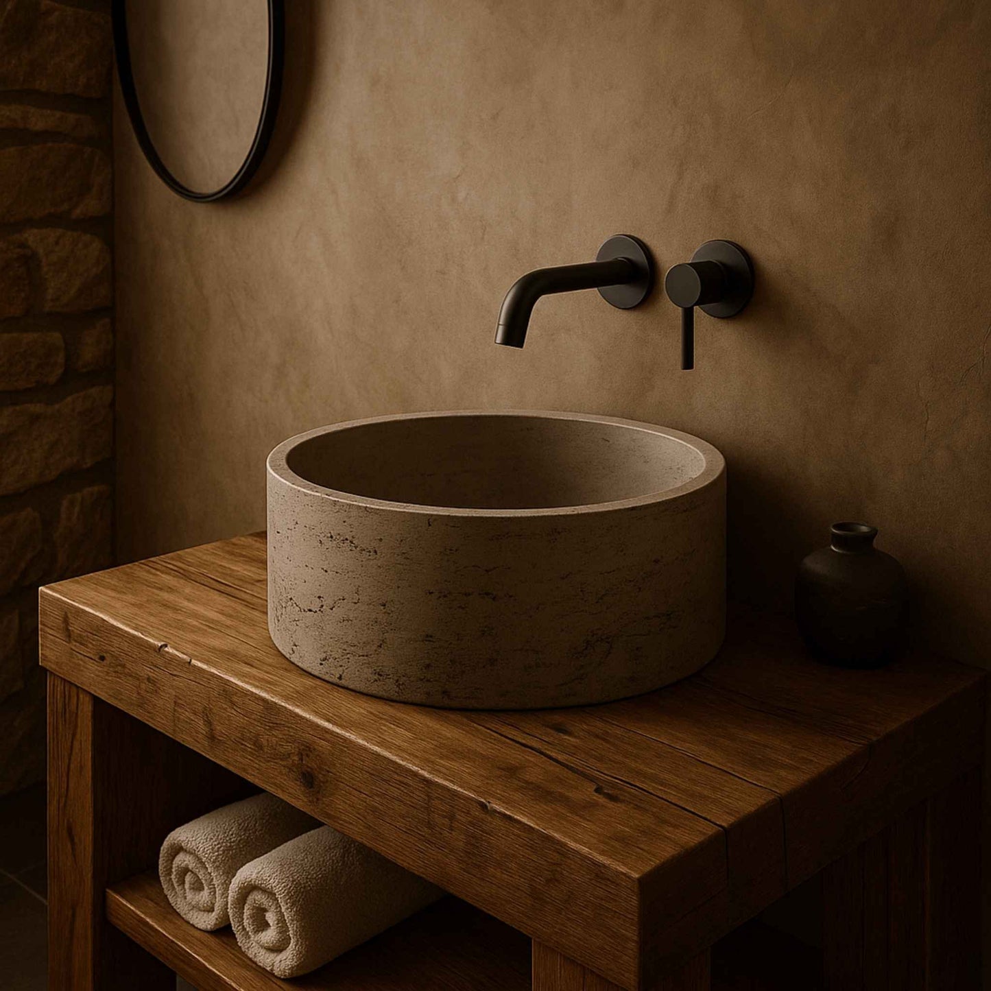 Top view of round concrete wash basin with raw texture for designer bathrooms