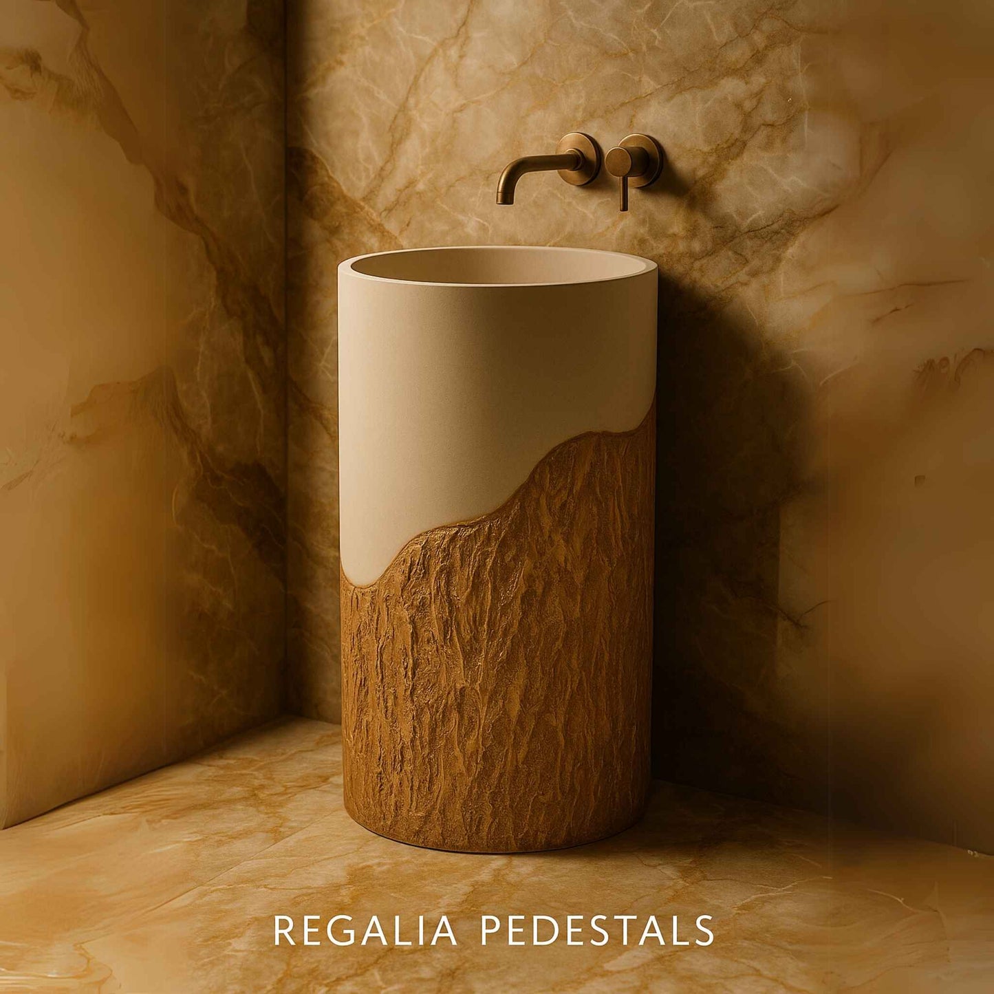 Freestanding two-tone pedestal sink in a beige marble luxury bathroom.