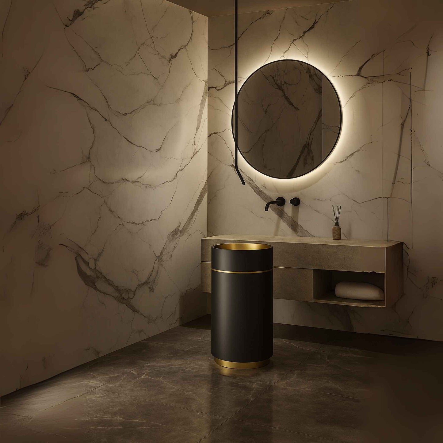 Luxurious bathroom featuring a full interior view with black and gold freestanding pedestal basin, mirror, and ceiling faucet