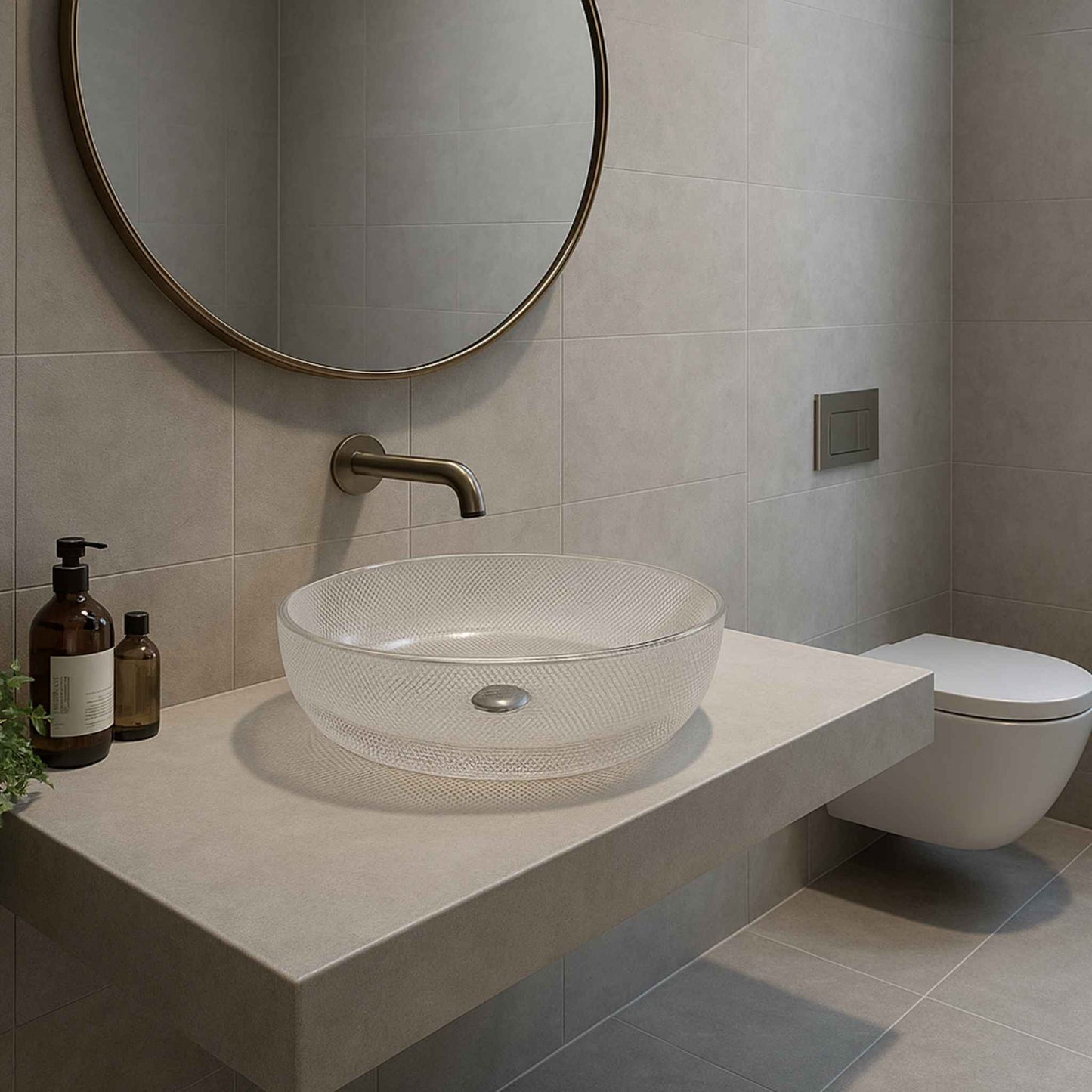 Modern bathroom with a glass sink, round mirror, and toiletries.