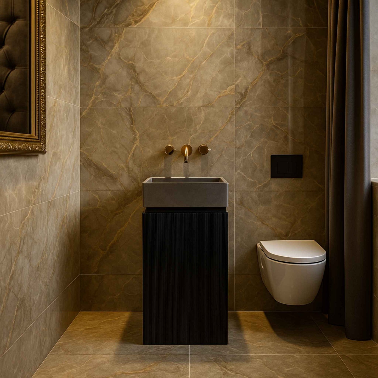 Luxurious full bathroom with black fluted pedestal washbasin, wall-hung toilet, gold brass fittings, and warm marble wall tiles.