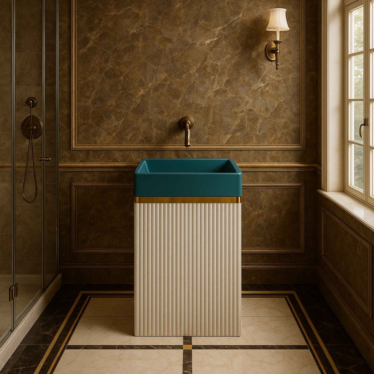 Bathroom with a teal and beige freestanding sink.