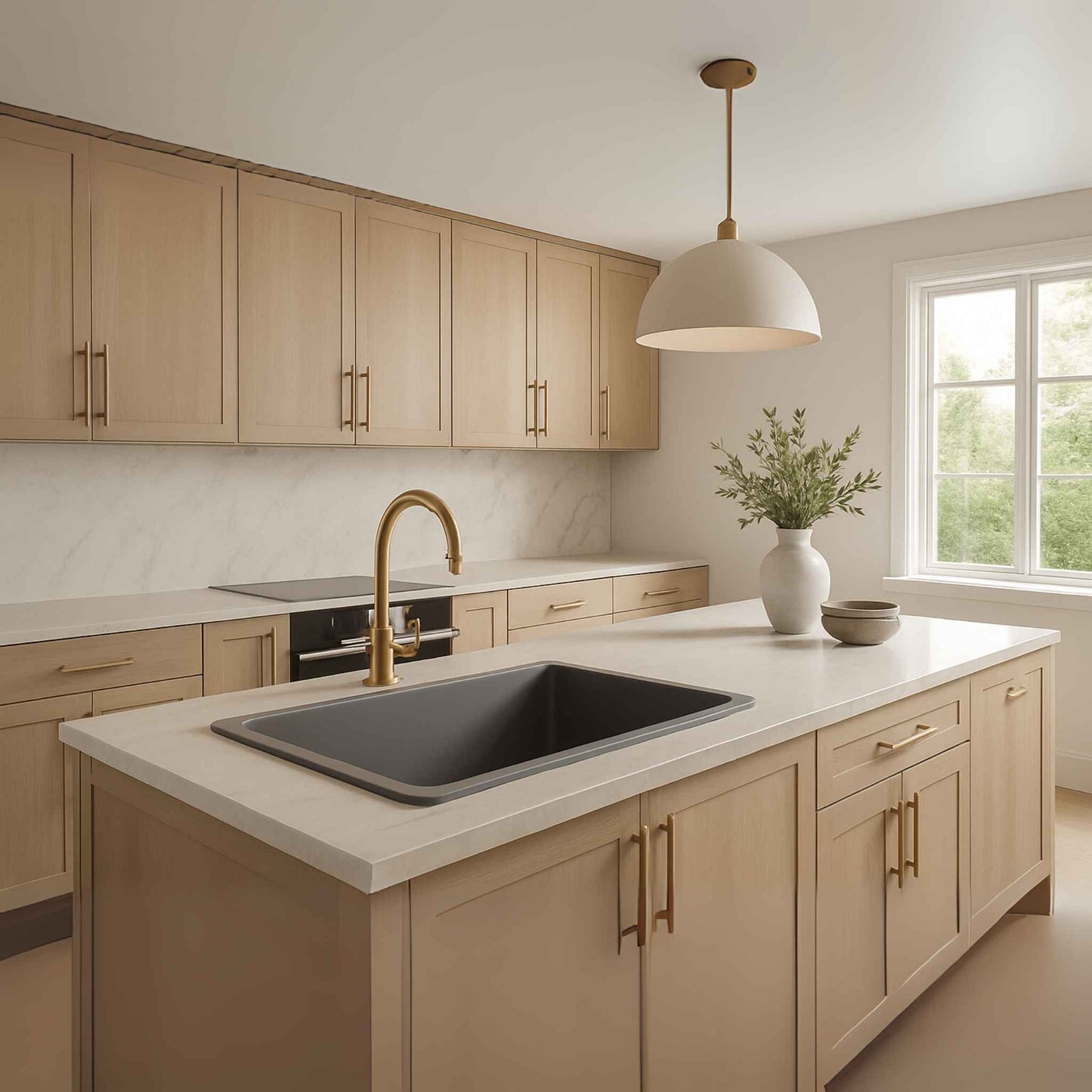Full luxury kitchen featuring grey granite sink and faucet