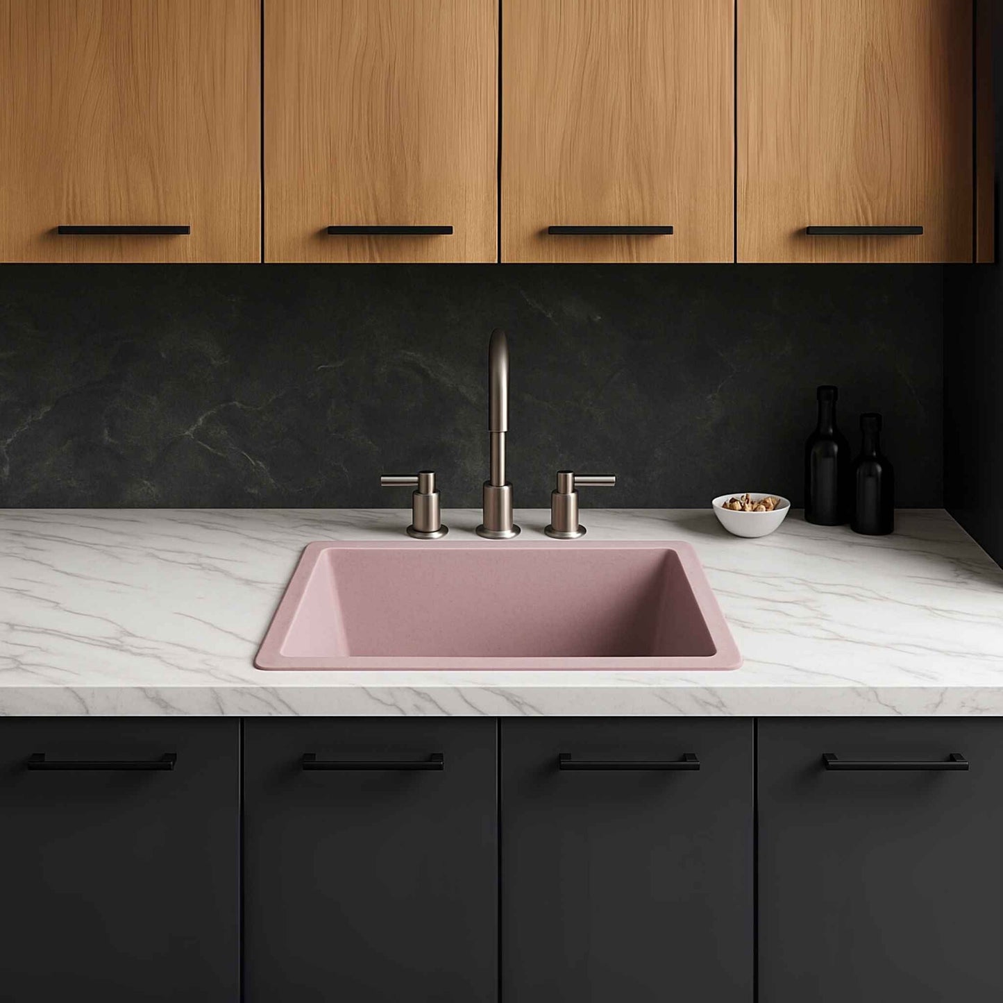 Modern modular kitchen with rose granite sink and dark Calacatta marble