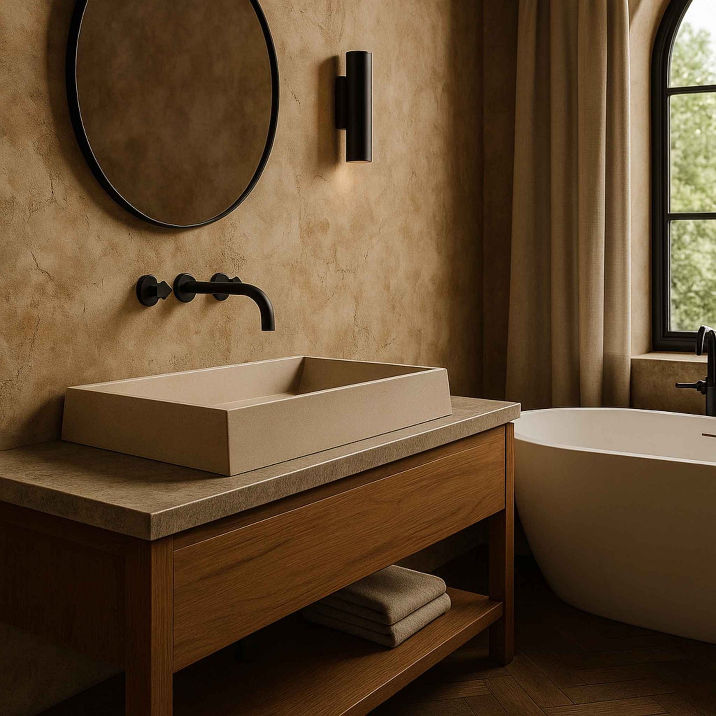 Full washroom with modern rustic bathroom sink installation