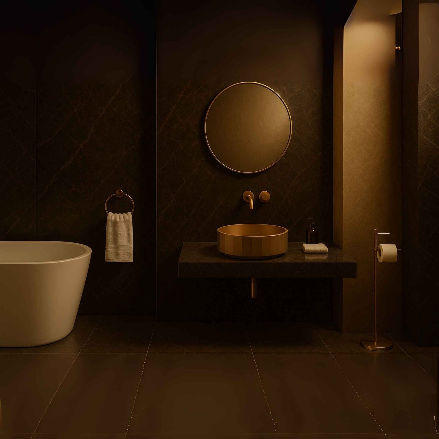 Complete washroom featuring EQST-006 rose gold stainless steel basin with wall-mounted faucet