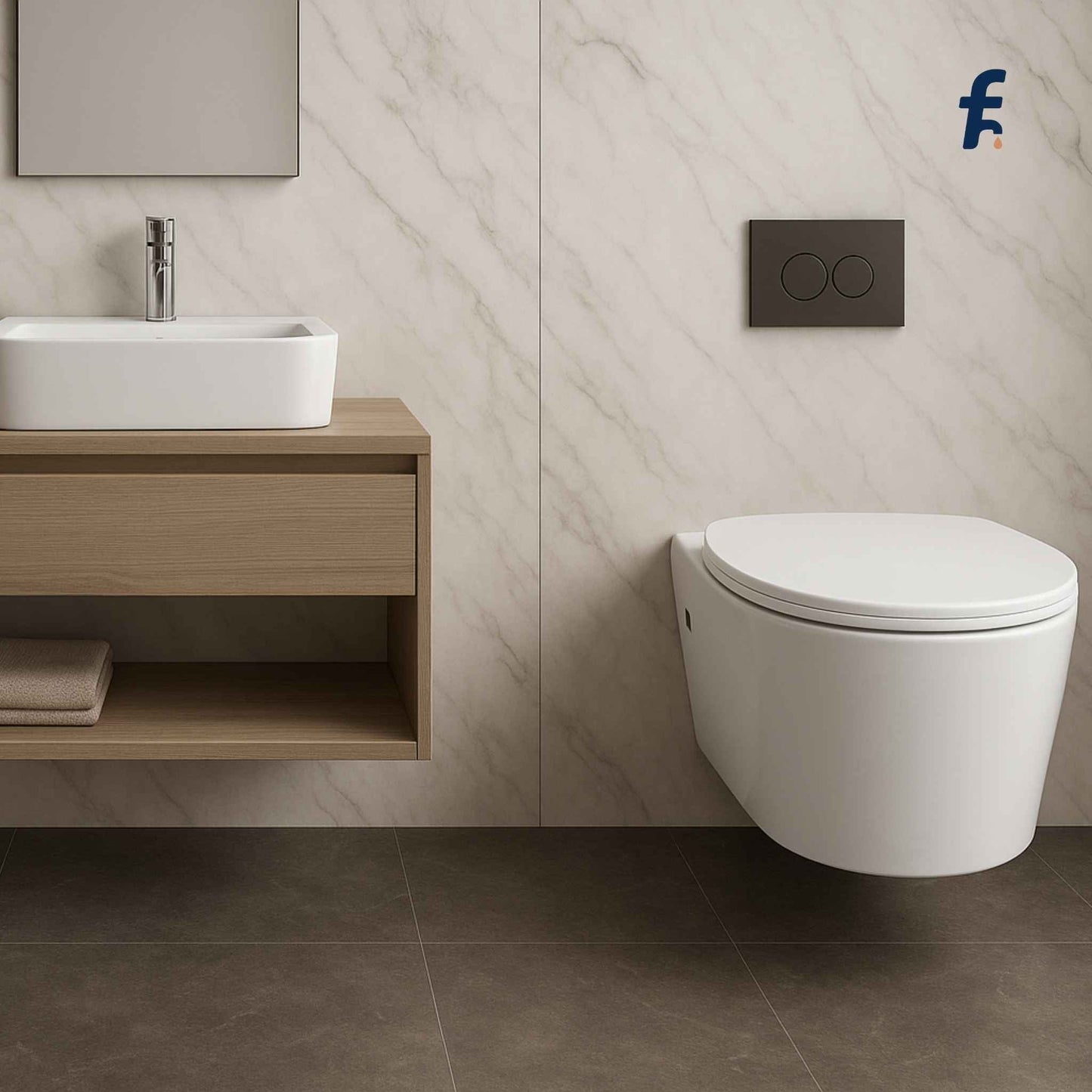 Modern bathroom with a wall-mounted toilet and wooden vanity, Designer bathroom with wall hung WC and Italian marble interiors