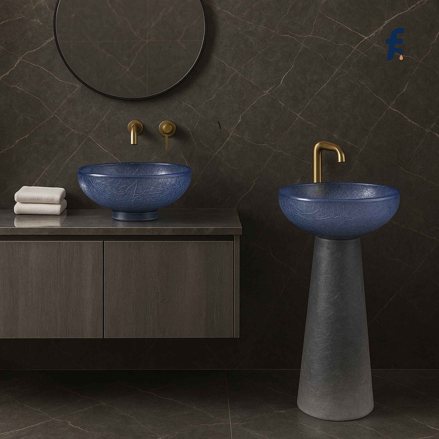 Designer bathroom vanity featuring EQAS-086 freestanding blue glass pedestal basin