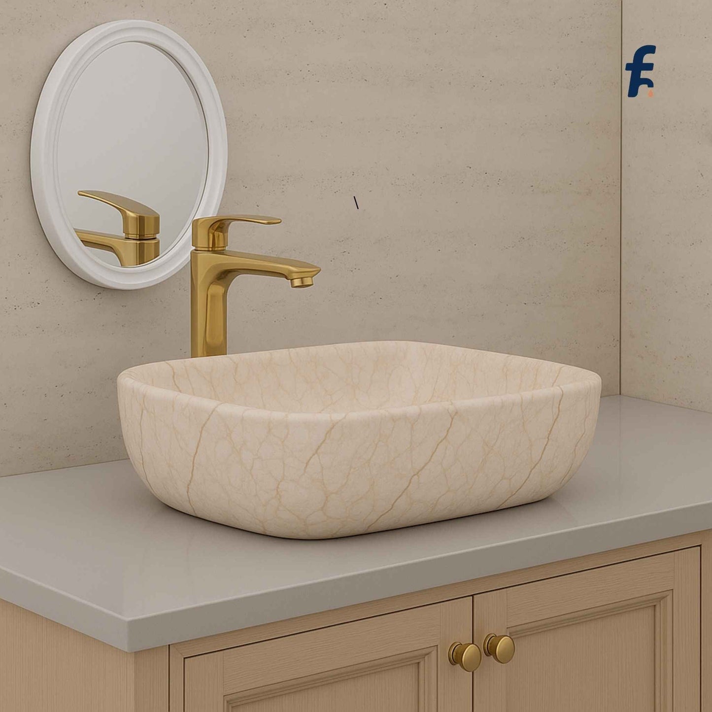 Beige marble sink with gold faucet and mirror on beige wall, Full vanity setup with 18x13 cream marble table top wash basin – budget-friendly
