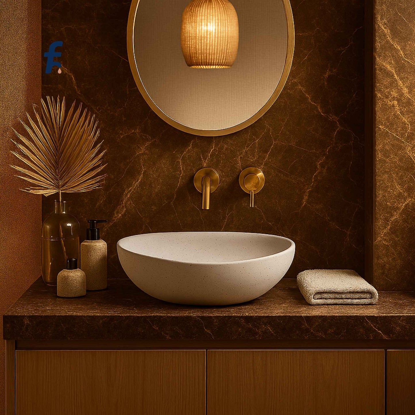 Bathroom vanity with a white sink, gold fixtures, and decorative elements on a brown marble wall.