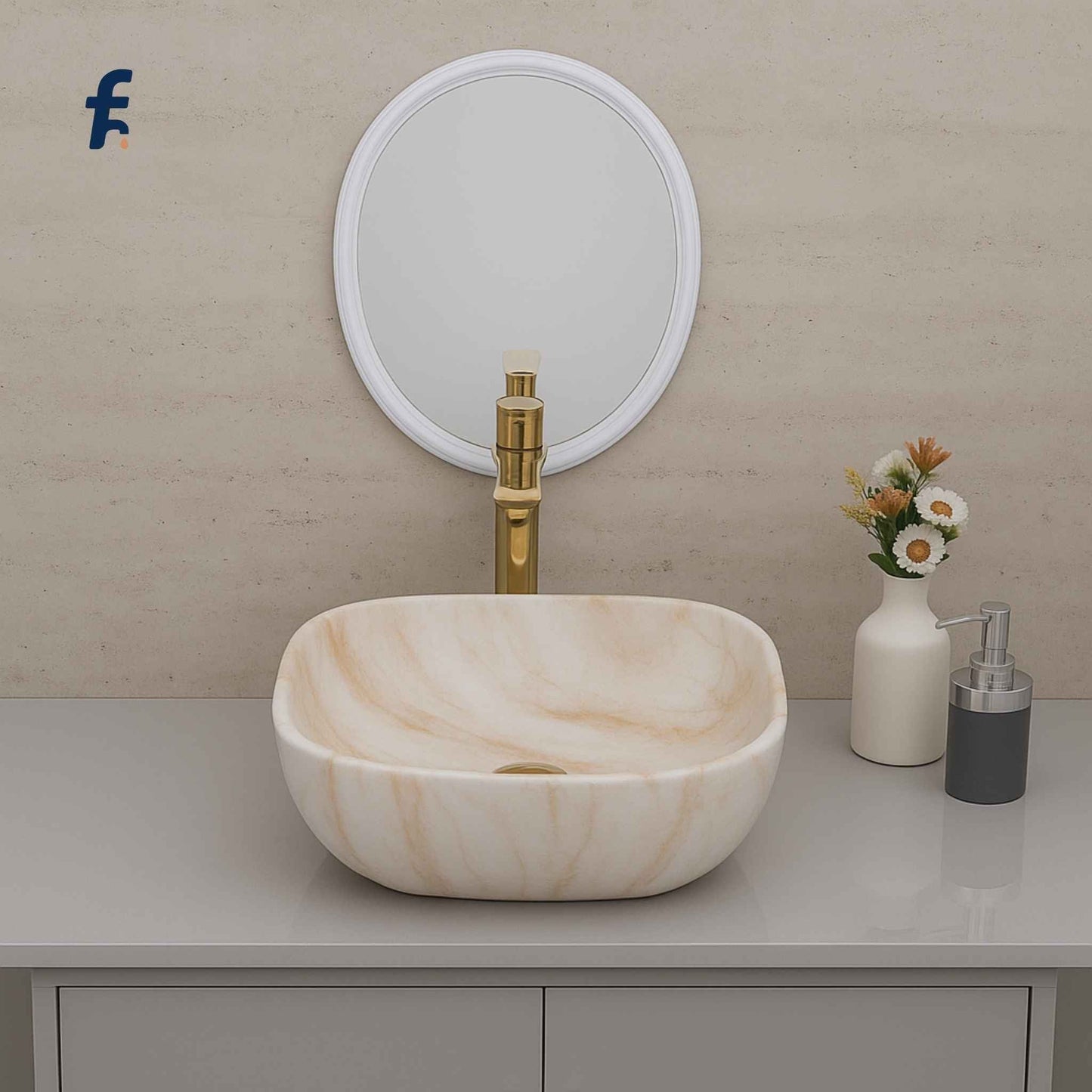 Marble-patterned sink on a bathroom counter with a mirror and decorative items. Complete bathroom vanity view with 18x13 golden marble ceramic wash basin – budget-friendly