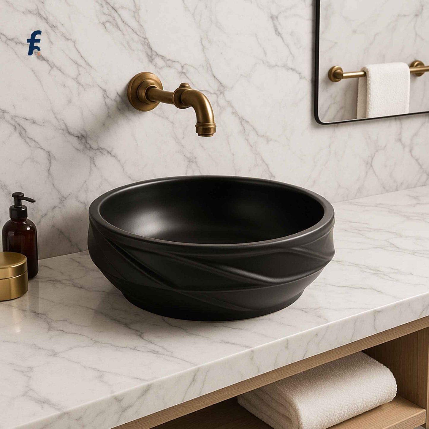 Modern bathroom vanity with matte black basin and gold fittings