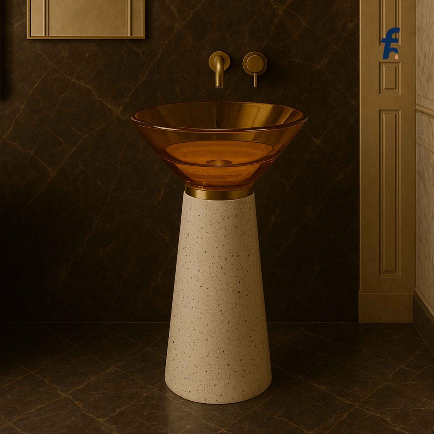 Bathroom sink with amber glass basin and white terrazzo base against a dark tiled wall. Complete bathroom setup featuring EQAS-085 luxury freestanding pedestal basin