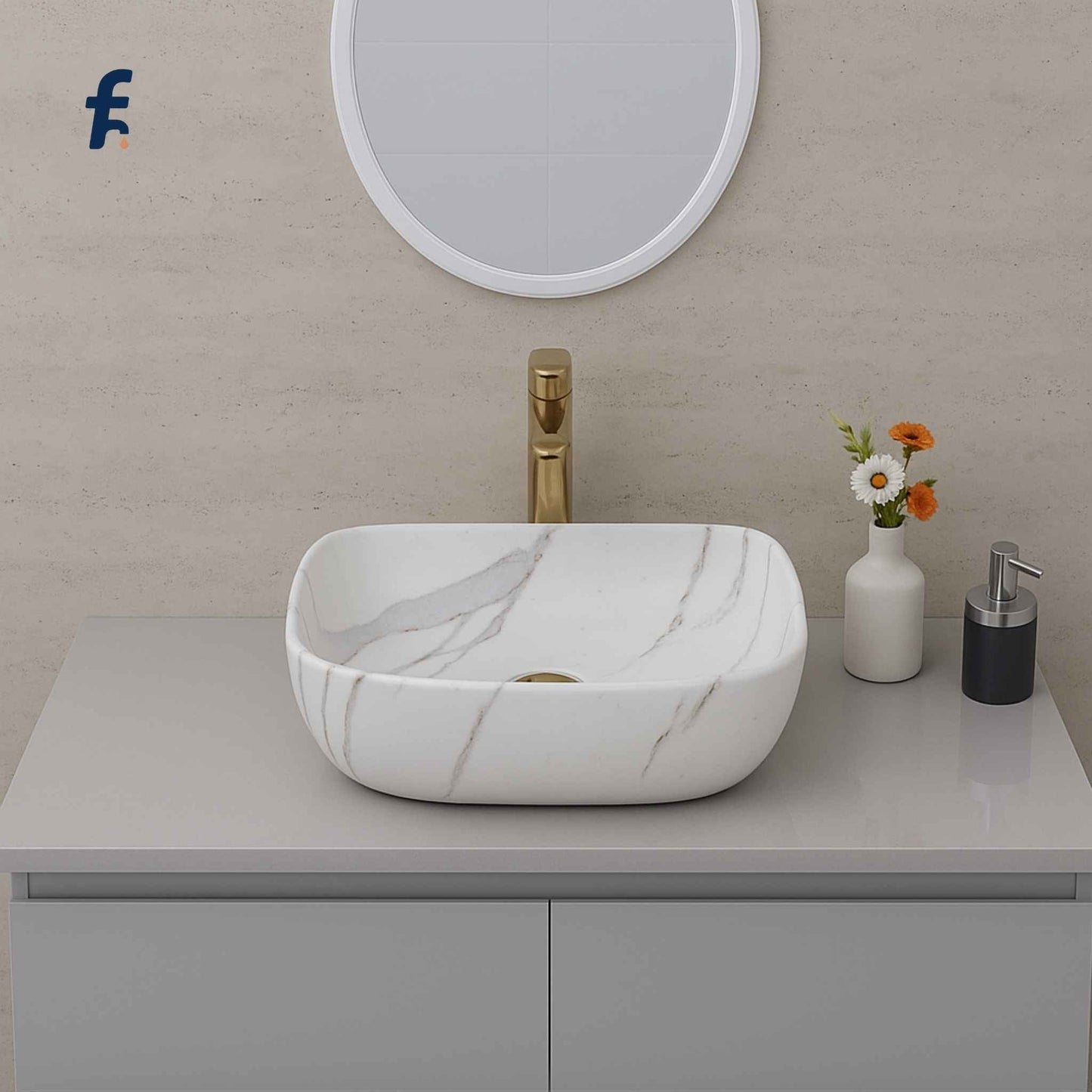 Marble-patterned sink on a bathroom counter with a mirror and decorative items. Full washroom vanity featuring 18x13 white marble finish wash basin with gold faucet – Affordable Series